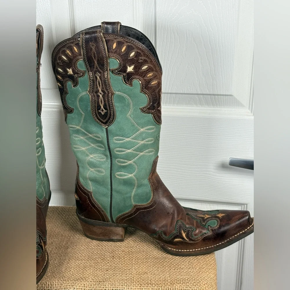 Ariat Brown and Teal Western Heeled Cowboy Boots - Picture 6 of 13
